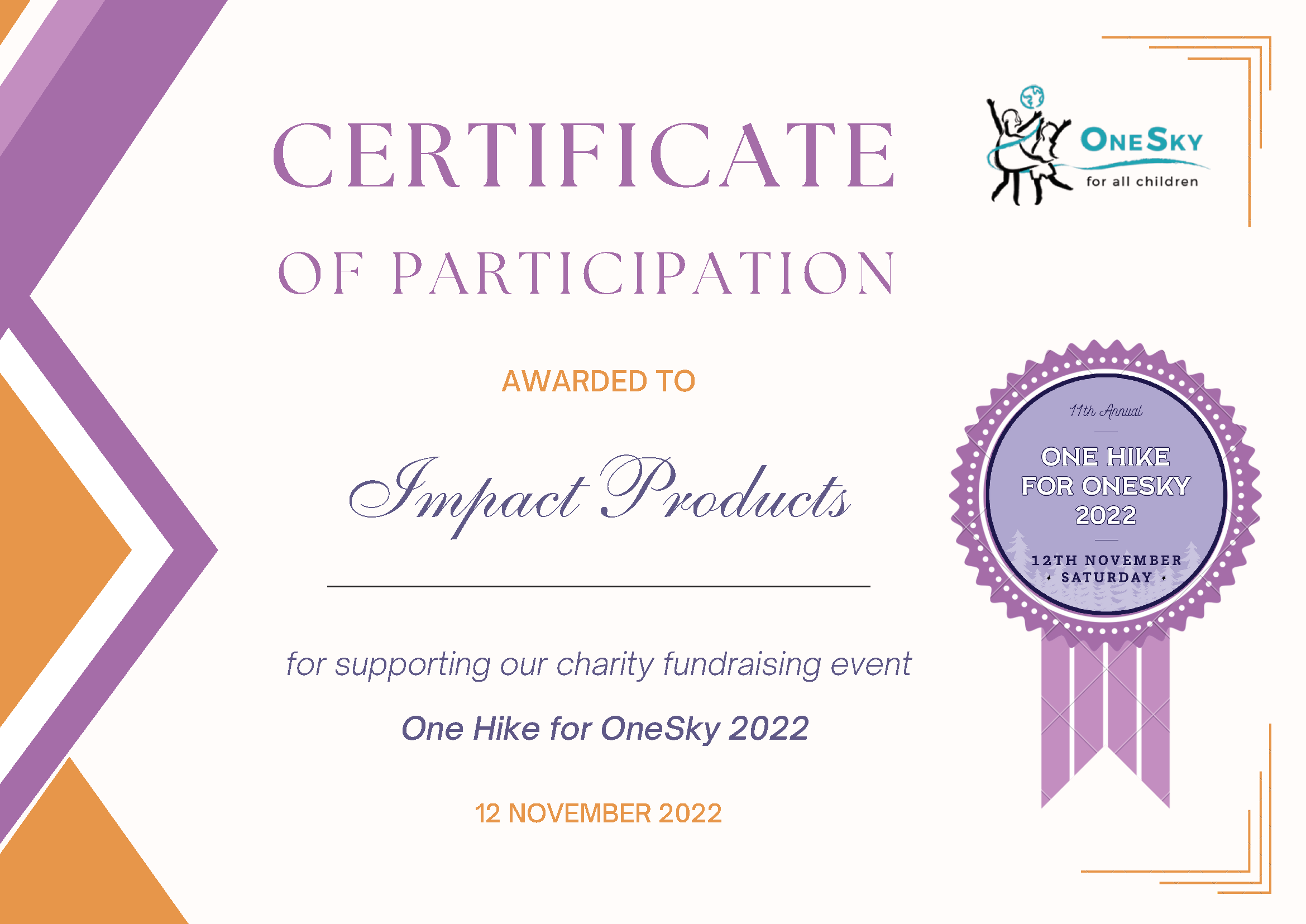 OneSky Charity Hike 2022 – Certificate